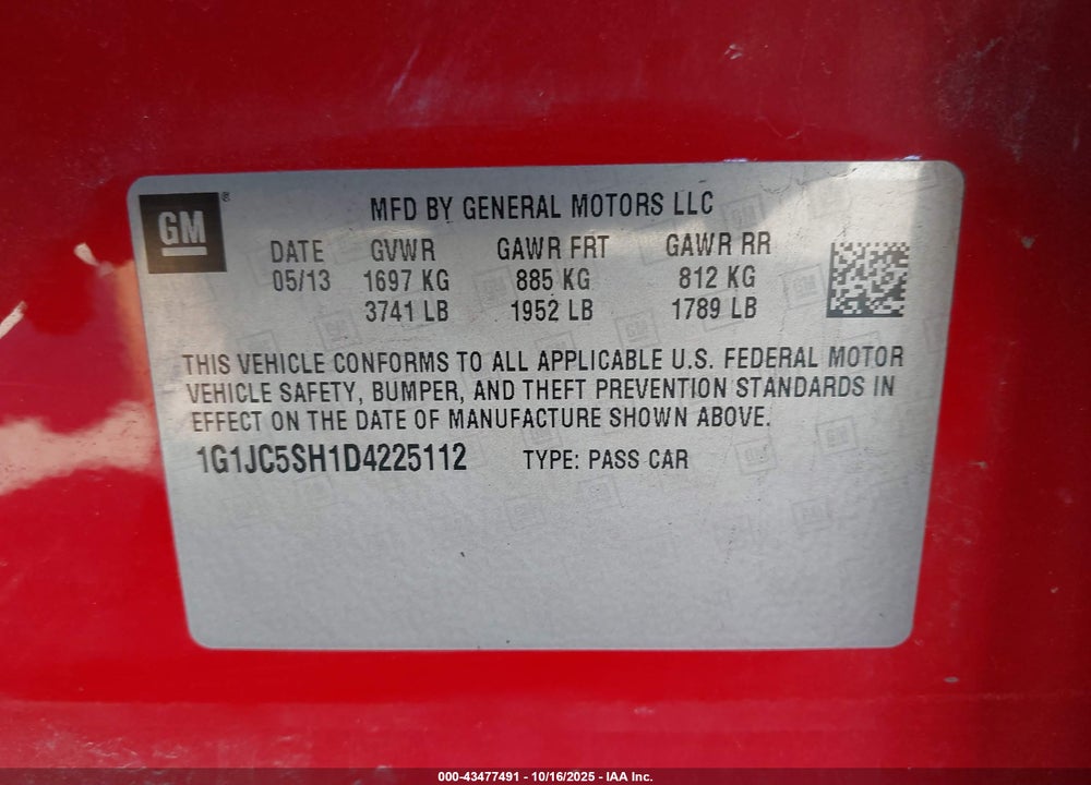 2013 CHEVROLET SONIC VIN: 1G1JC5SH1D4225112