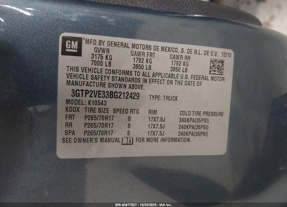2011 GMC SIERRA 1500 SLE VIN: 3GTP2VE33BG212429