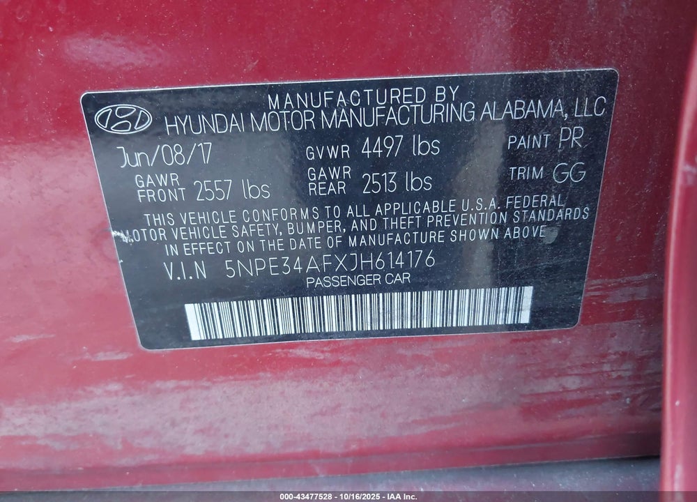 2018 HYUNDAI SONATA VIN: 5NPE34AFXJH614176