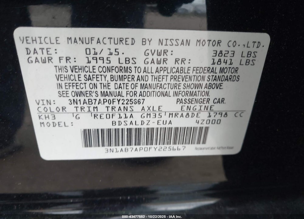2015 NISSAN SENTRA VIN: 3N1AB7AP0FY225667