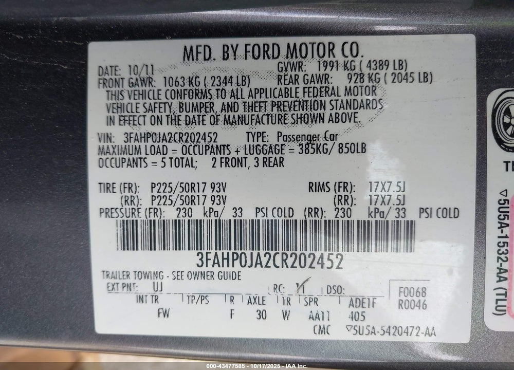 2012 FORD FUSION SEL VIN: 3FAHP0JA2CR202452