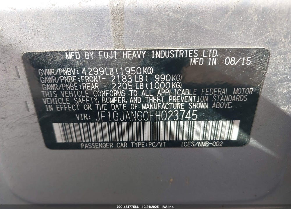 2015 SUBARU IMPREZA 2.0I LIMITED VIN: JF1GJAN60FH023745