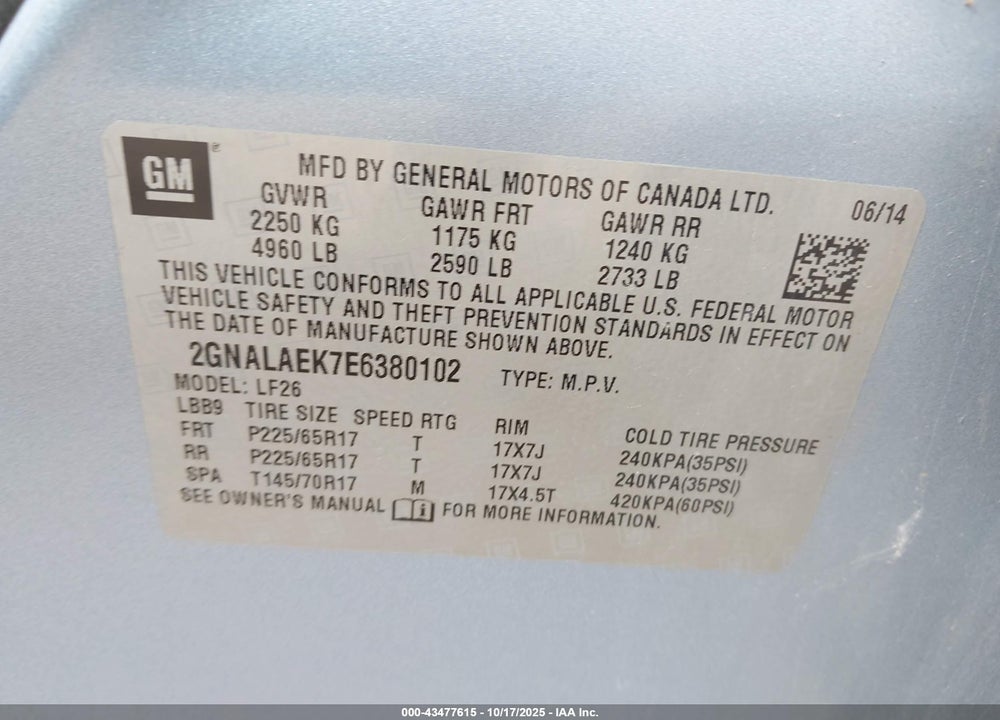 2014 CHEVROLET EQUINOX LS VIN: 2GNALAEK7E6380102