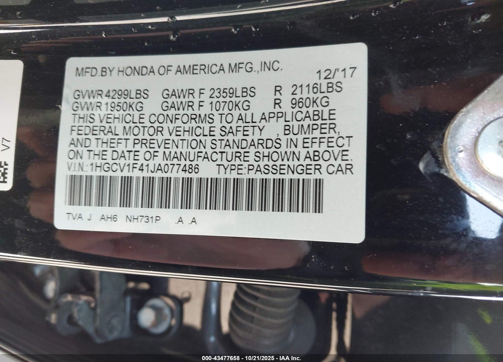 2018 HONDA ACCORD EX VIN: 1HGCV1F41JA077486