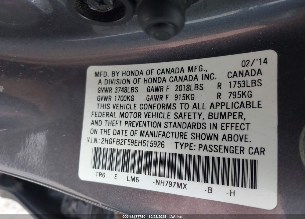 2014 HONDA CIVIC LX VIN: 2HGFB2F59EH515926