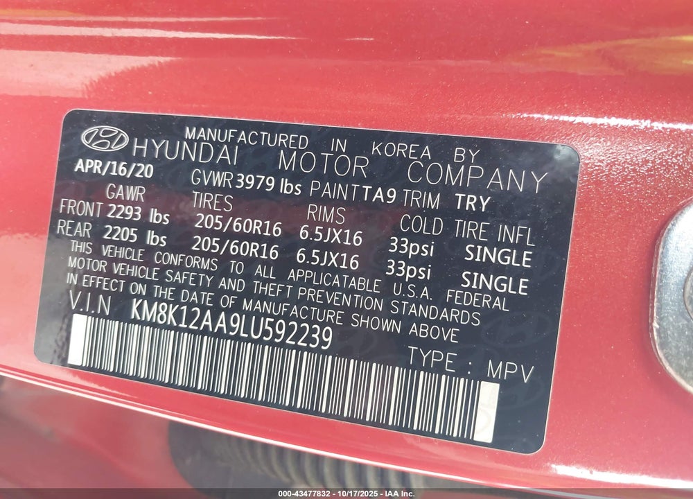 2020 HYUNDAI KONA VIN: KM8K12AA9LU592239