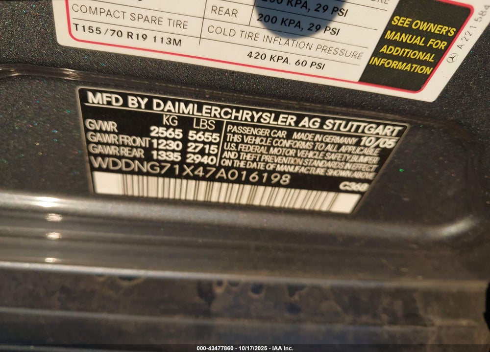2007 MERCEDES-BENZ S CLASS VIN: WDDNG71X47A016198
