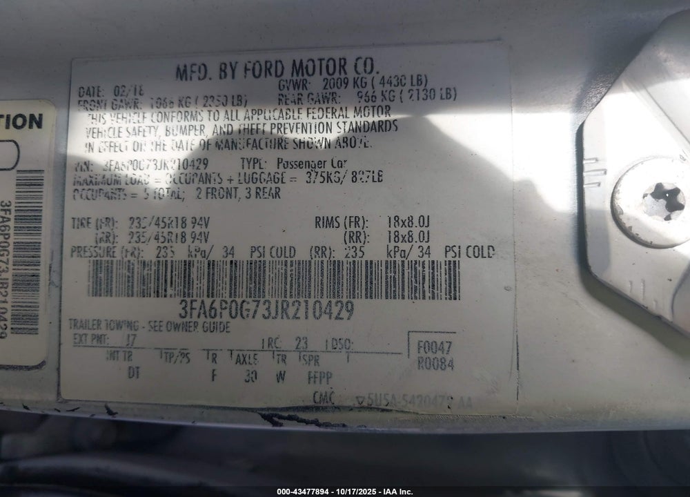 2018 FORD FUSION VIN: 3FA6P0G73JR210429