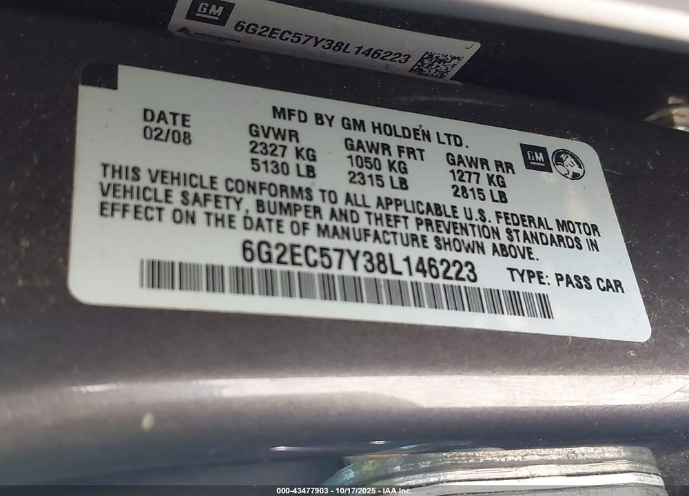 2008 PONTIAC G8 GT VIN: 6G2EC57Y38L146223