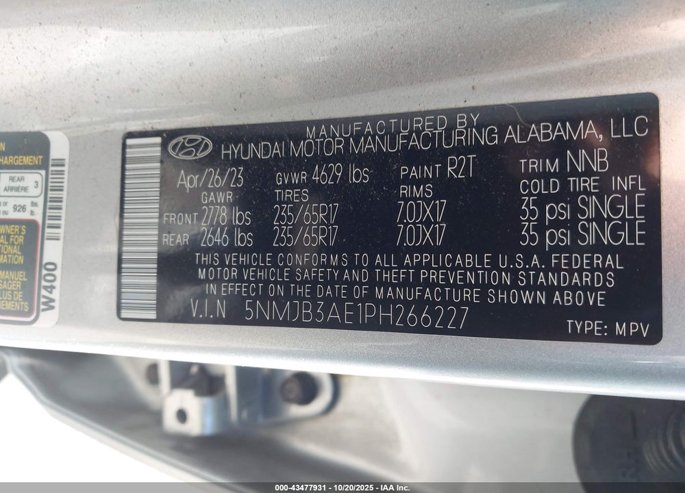 2023 HYUNDAI TUCSON SEL VIN: 5NMJB3AE1PH266227