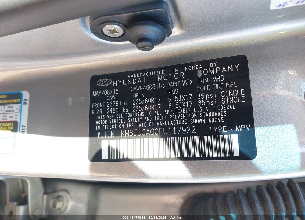 2015 HYUNDAI TUCSON SE VIN: KM8JUCAG0FU117922