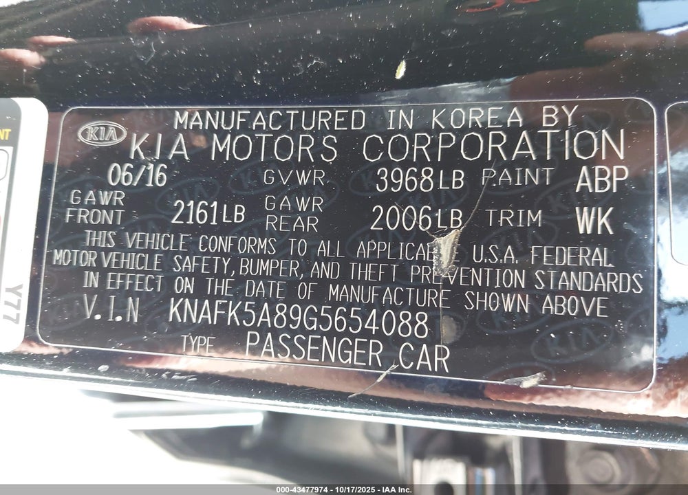2016 KIA FORTE VIN: KNAFK5A89G5654088