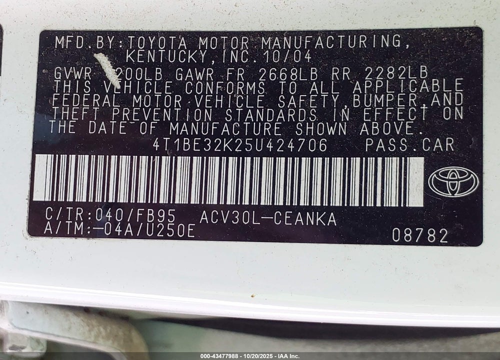 2005 TOYOTA CAMRY LE VIN: 4T1BE32K25U424706