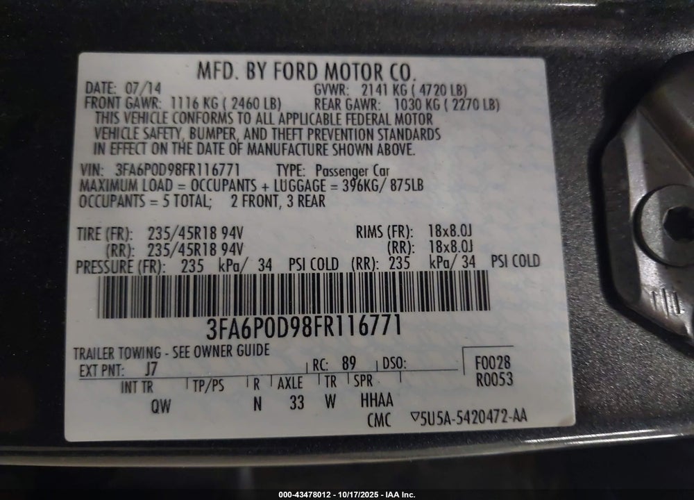 2015 FORD FUSION TITANIUM VIN: 3FA6P0D98FR116771