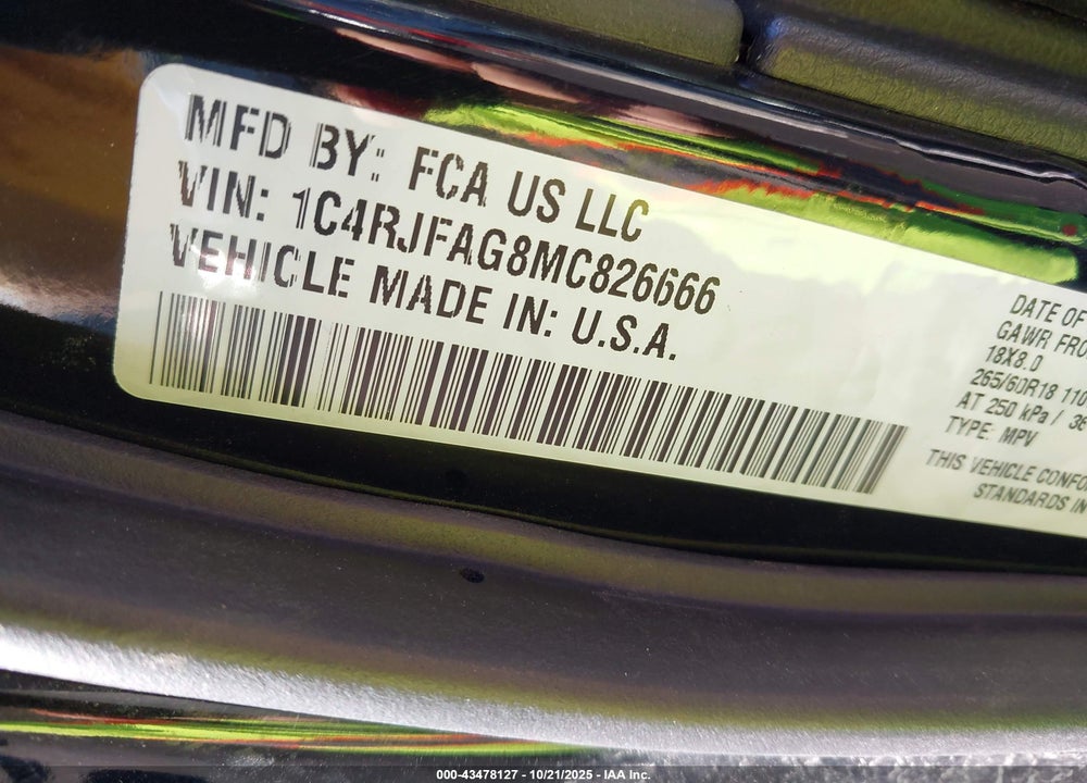 2021 JEEP GRAND CHEROKEE VIN: 1C4RJFAG8MC826666