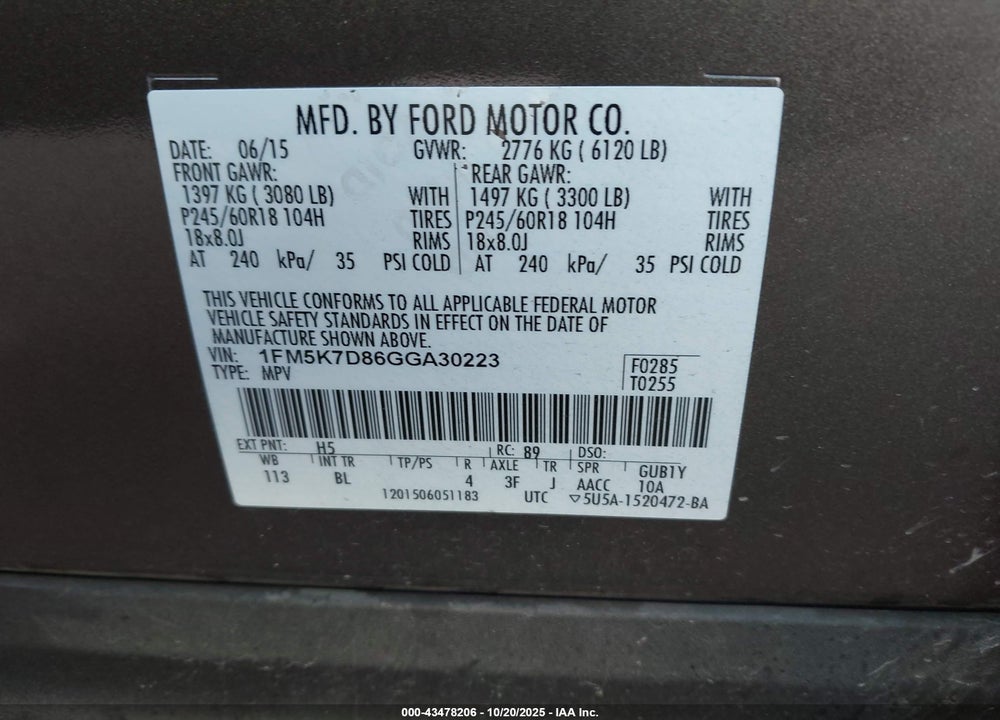 2016 FORD EXPLORER XLT VIN: 1FM5K7D86GGA30223