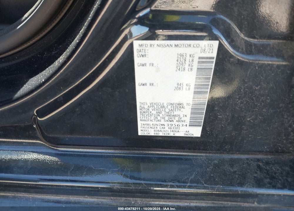 2021 NISSAN ALTIMA SV FWD VIN: 1N4BL4DV2MN395634