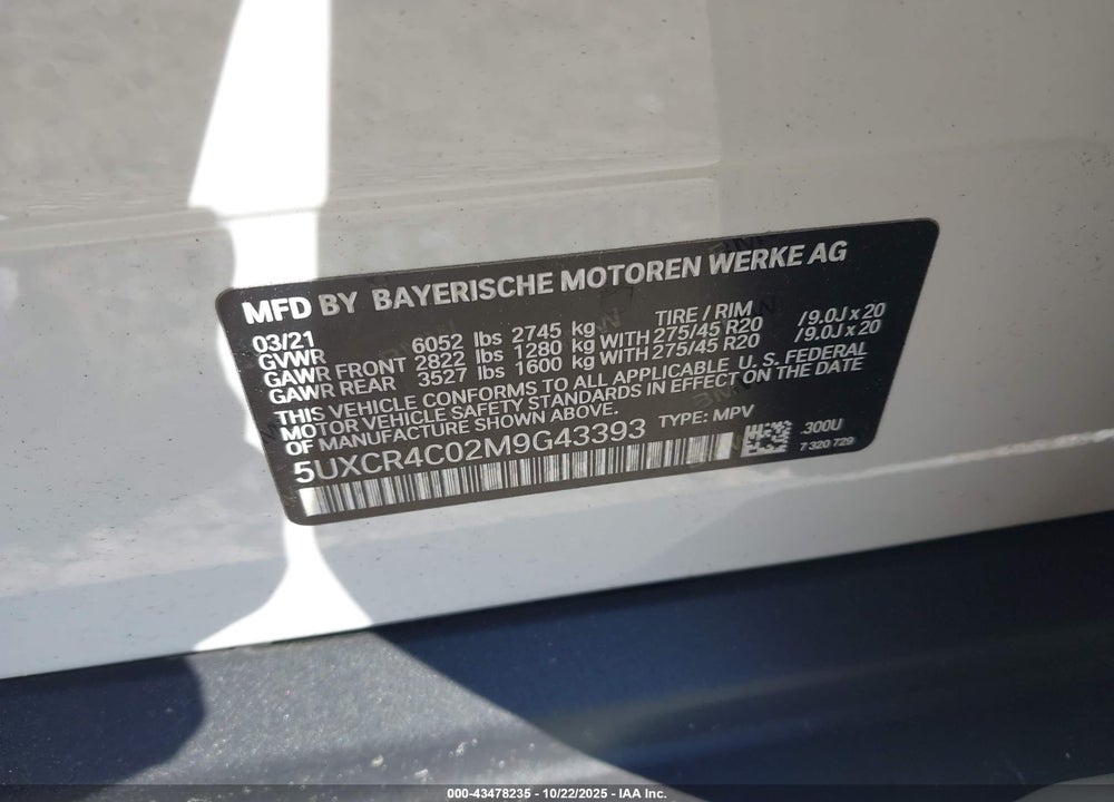 2021 BMW X5 SDRIVE40I VIN: 5UXCR4C02M9G43393