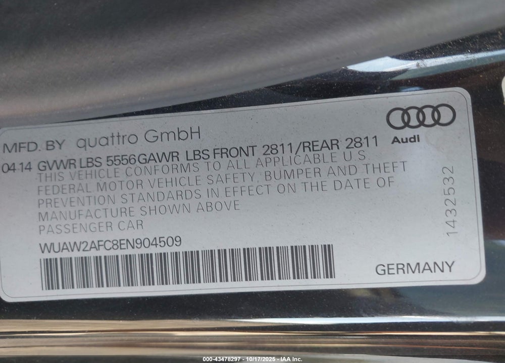2014 AUDI RS 7 4.0T PRESTIGE VIN: WUAW2AFC8EN904509