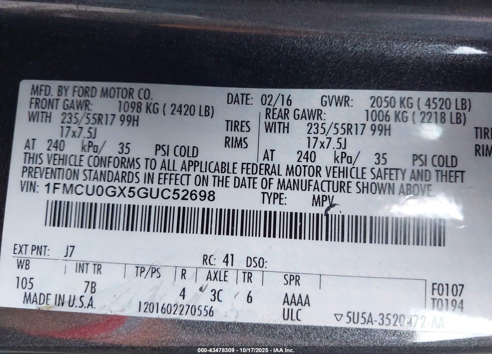 2016 FORD ESCAPE VIN: 1FMCU0GX5GUC52698