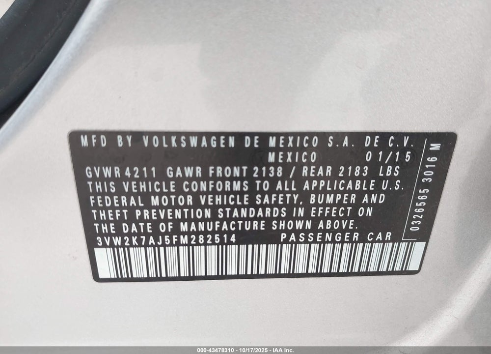 2015 VOLKSWAGEN JETTA VIN: 3VW2K7AJ5FM282514