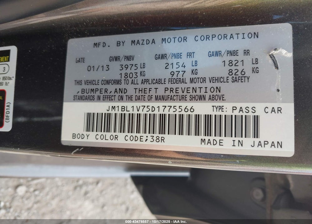 2013 MAZDA 3 I TOURING VIN: JM1BL1V75D1775566