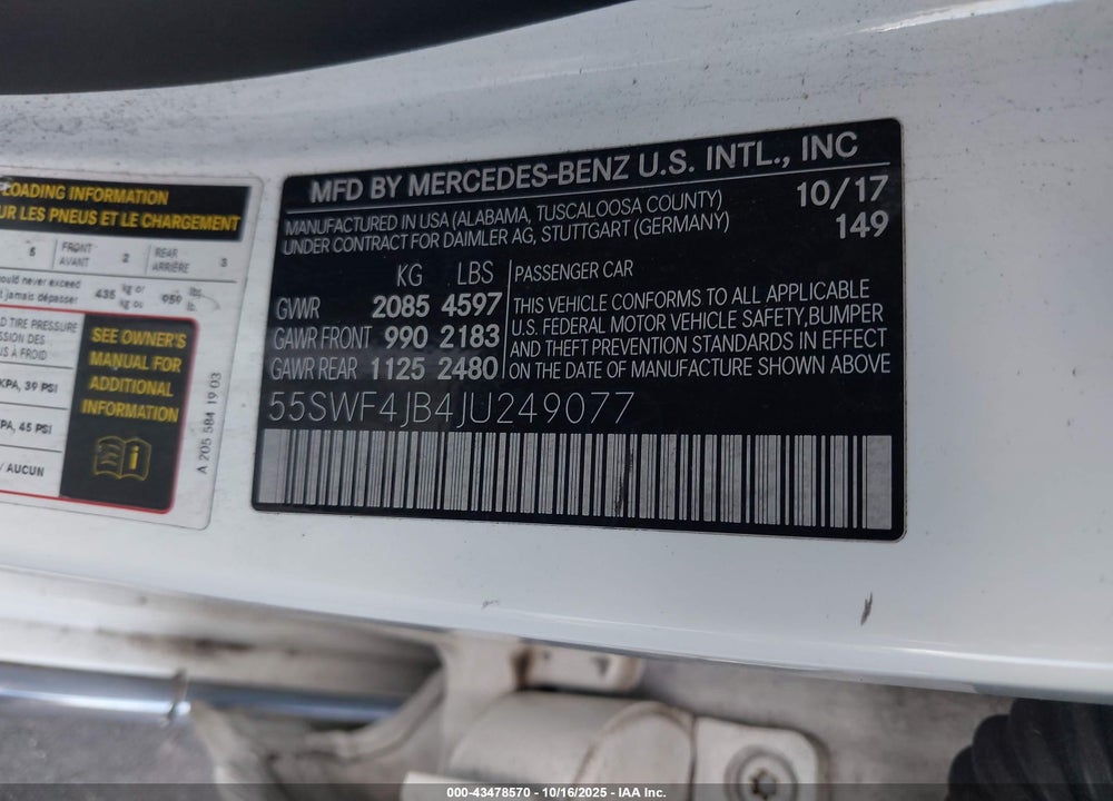 2018 MERCEDES-BENZ C CLASS VIN: 55SWF4JB4JU249077