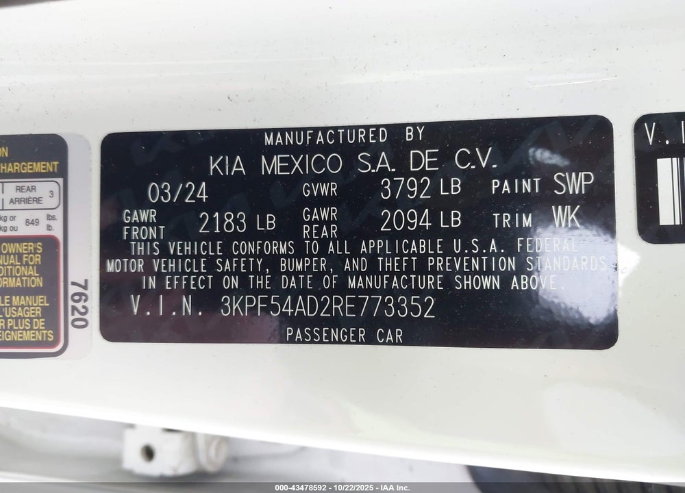 2024 KIA FORTE GT LINE VIN: 3KPF54AD2RE773352