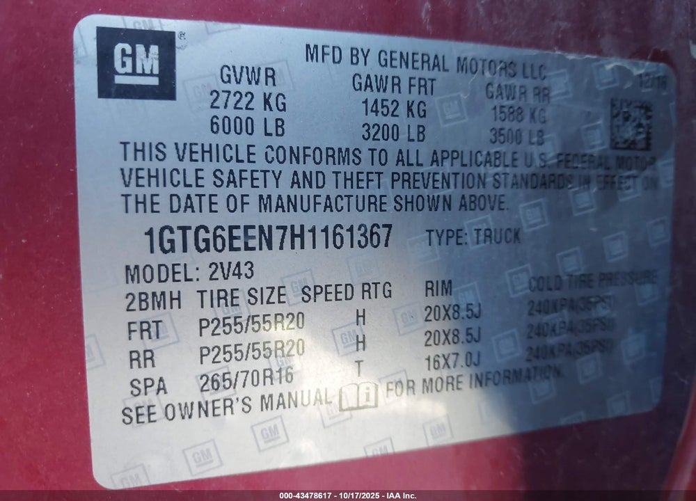 2017 GMC CANYON VIN: 1GTG6EEN7H1161367