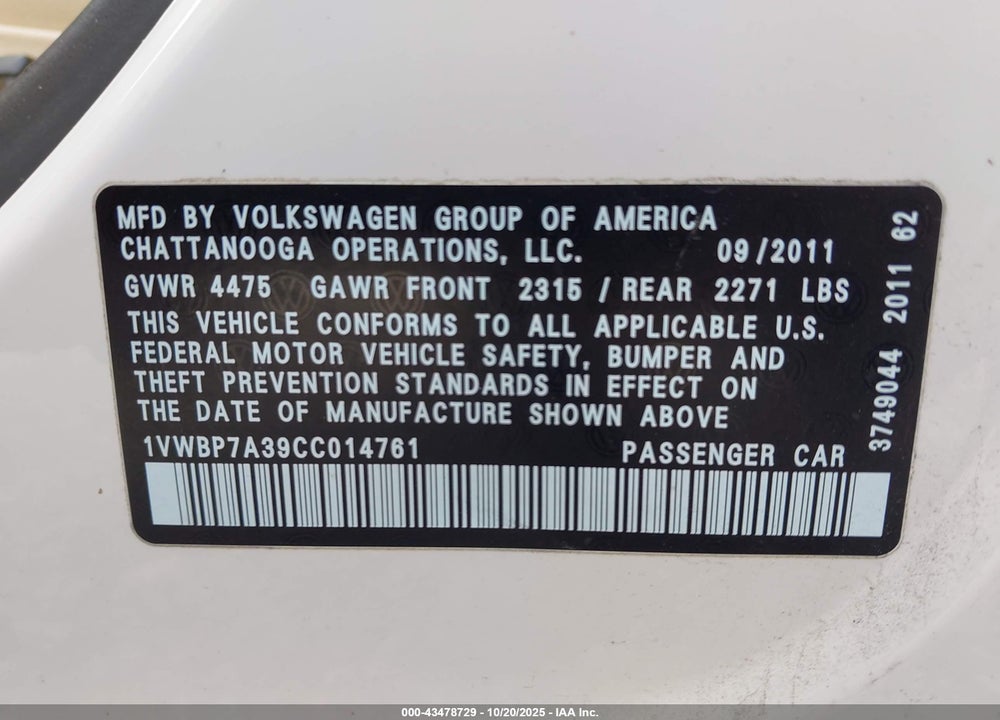 2012 VOLKSWAGEN PASSAT 2.5L SE VIN: 1VWBP7A39CC014761