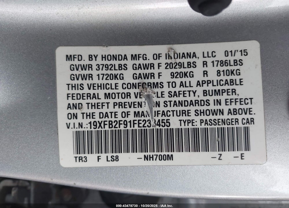 2015 HONDA CIVIC EX-L VIN: 19XFB2F91FE233455
