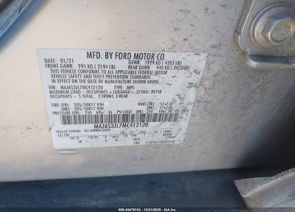 2021 FORD ECOSPORT SES VIN: MAJ6S3JL7MC412120