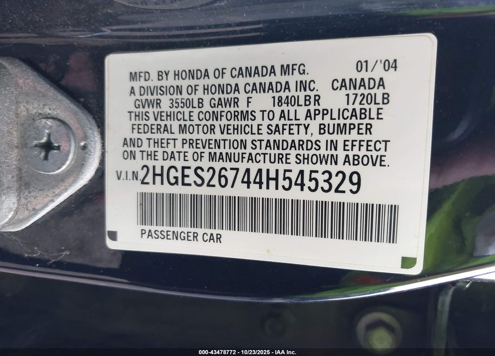 2004 HONDA CIVIC EX VIN: 2HGES26744H545329