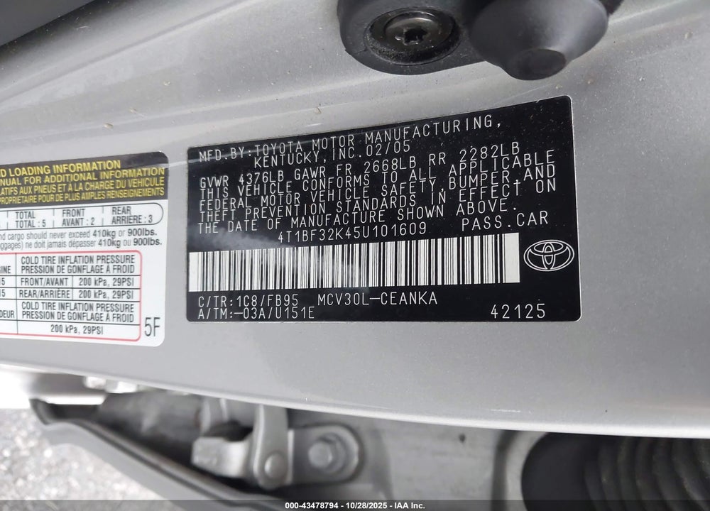 2005 TOYOTA CAMRY LE V6 VIN: 4T1BF32K45U101609