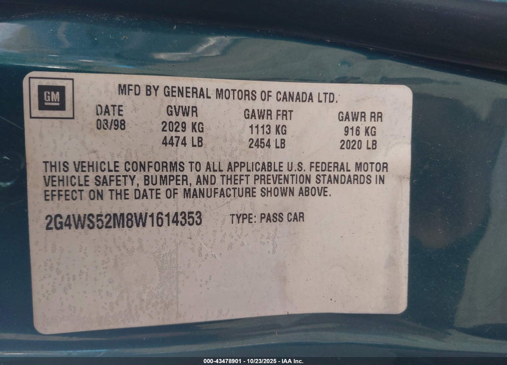 1998 BUICK CENTURY CUSTOM VIN: 2G4WS52M8W1614353