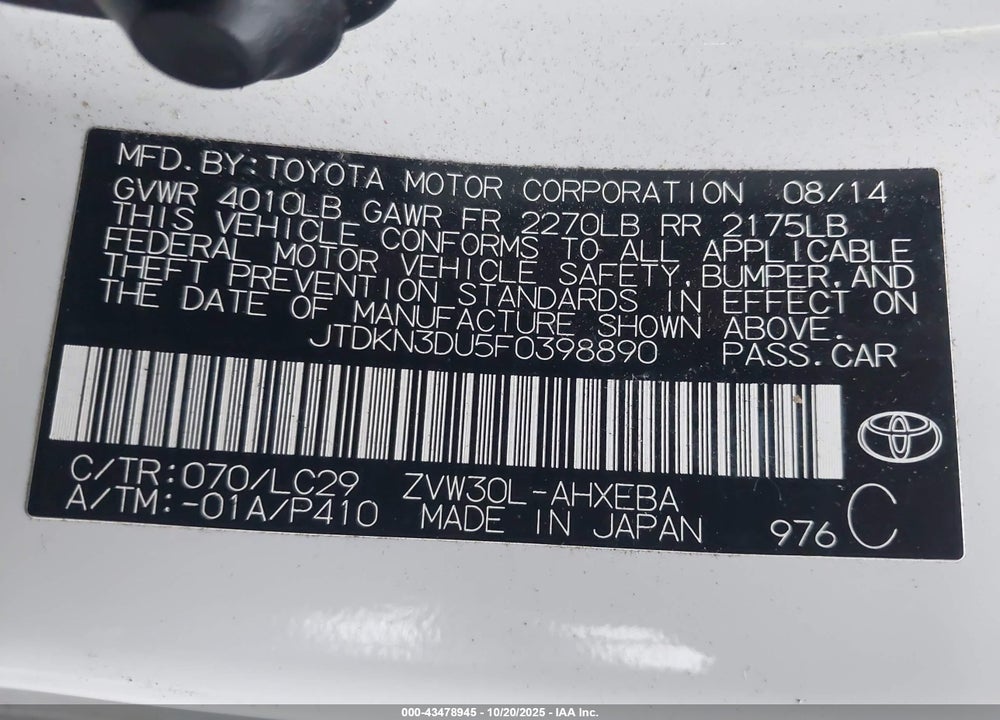 2015 TOYOTA PRIUS VIN: JTDKN3DU5F0398890