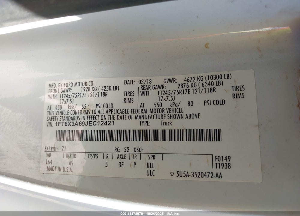 2018 FORD F-350 XL VIN: 1FT8X3A69JEC12421