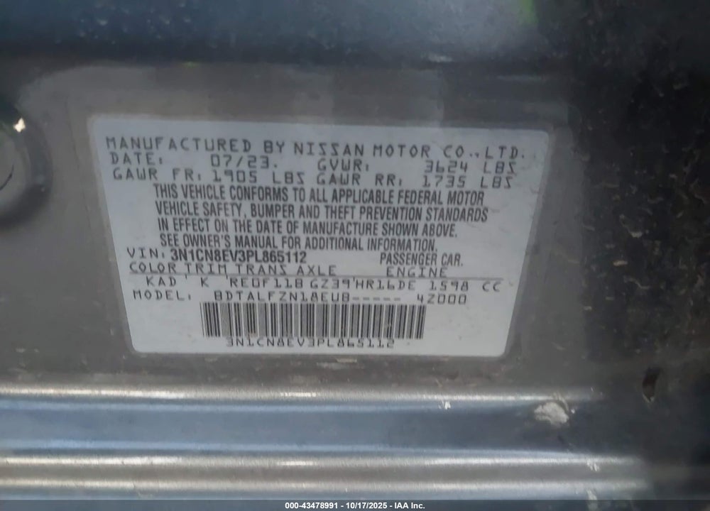 2023 NISSAN VERSA 1.6 SV XTRONIC CVT VIN: 3N1CN8EV3PL865112