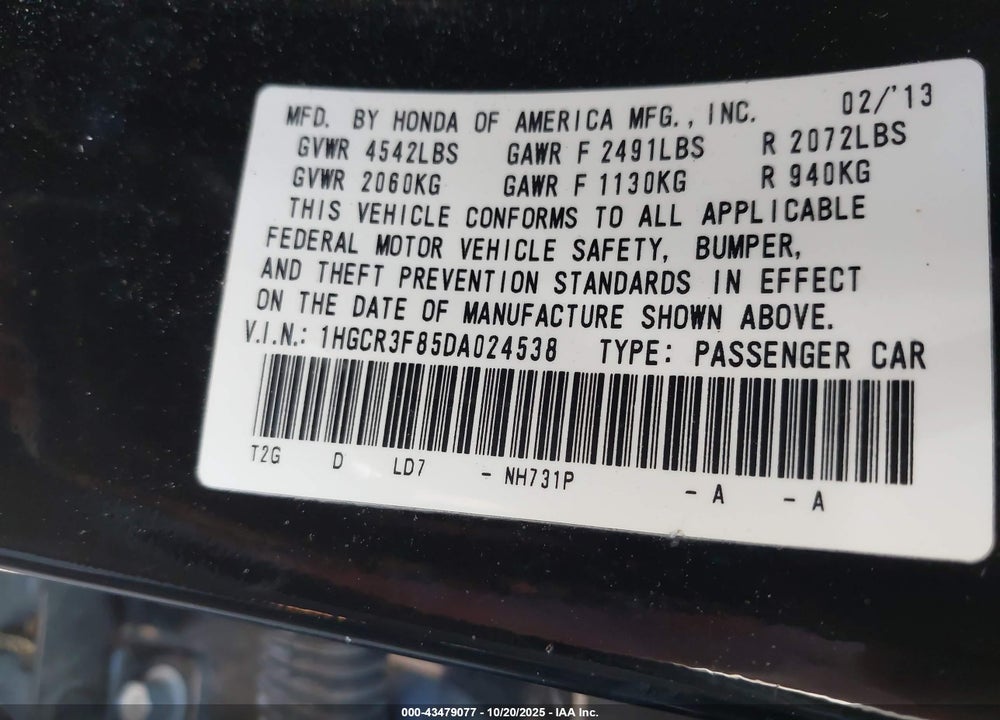 2013 HONDA ACCORD VIN: 1HGCR3F85DA024538