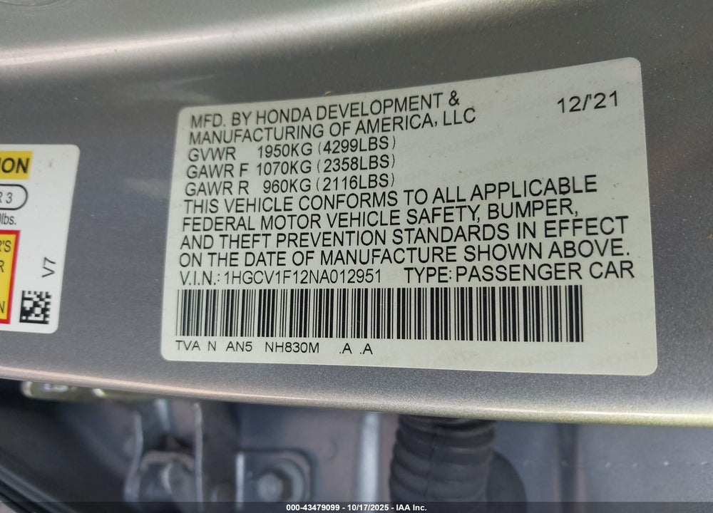 2022 HONDA ACCORD LX VIN: 1HGCV1F12NA012951