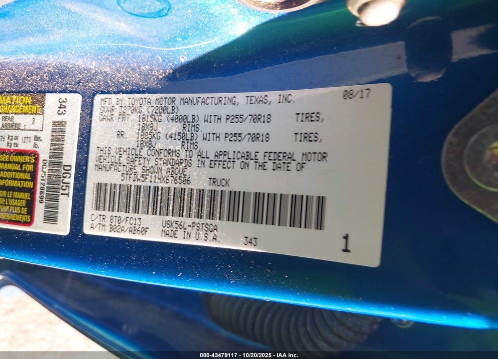 2017 TOYOTA TUNDRA SR5 5.7L V8 VIN: 5TFDW5F11HX676506