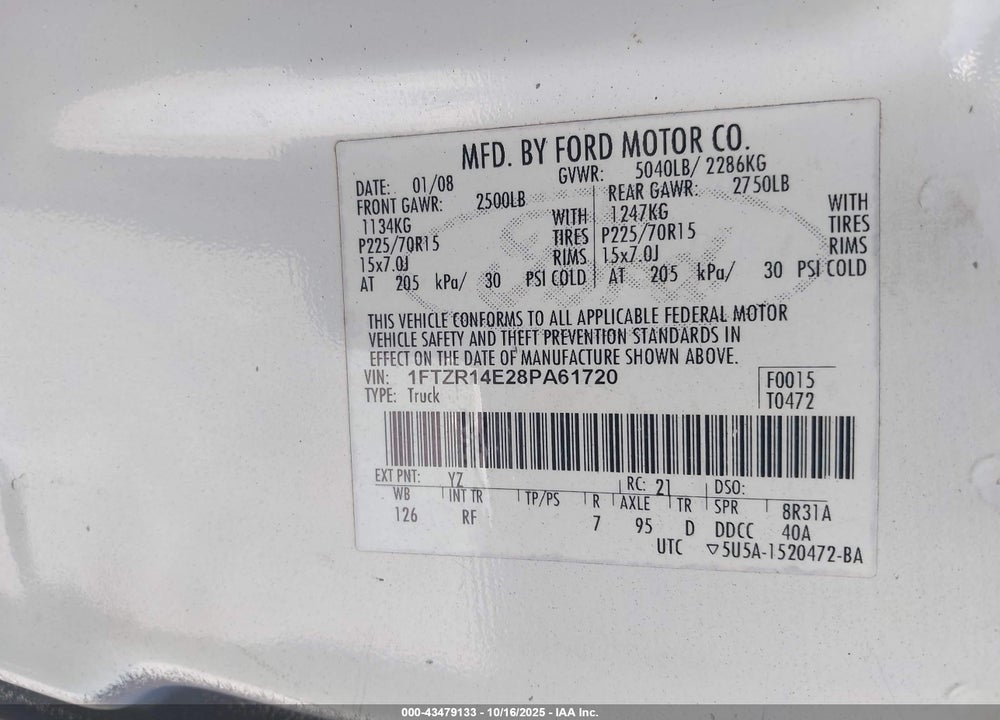 2008 FORD RANGER XL/XLT VIN: 1FTZR14E28PA61720