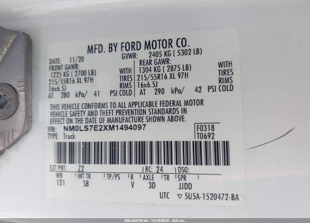 2021 FORD TRANSIT CONNECT XL VIN: NM0LS7E2XM1494097