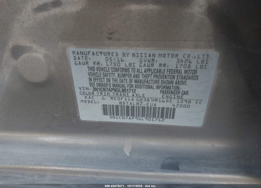 2016 NISSAN VERSA VIN: 3N1CN7AP9GL901712