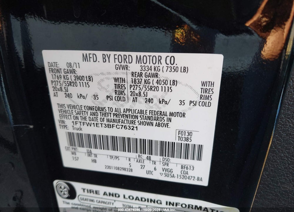2011 FORD F-150 LARIAT VIN: 1FTFW1ET3BFC76321