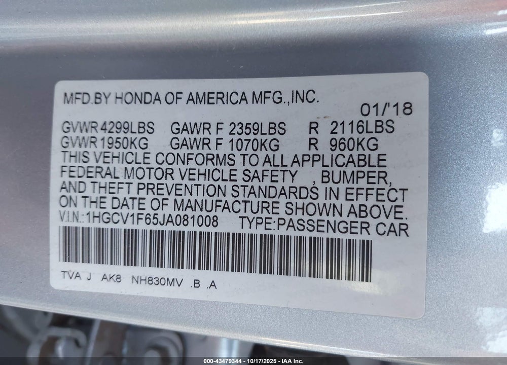 2018 HONDA ACCORD VIN: 1HGCV1F65JA081008
