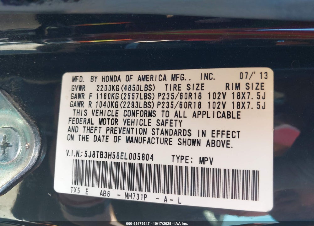 2014 ACURA RDX VIN: 5J8TB3H58EL005804