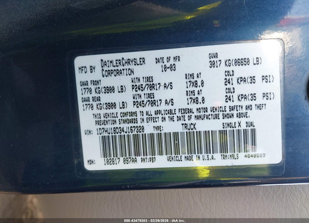 2004 DODGE RAM 1500 SLT/LARAMIE VIN: 1D7HU18D34J167320