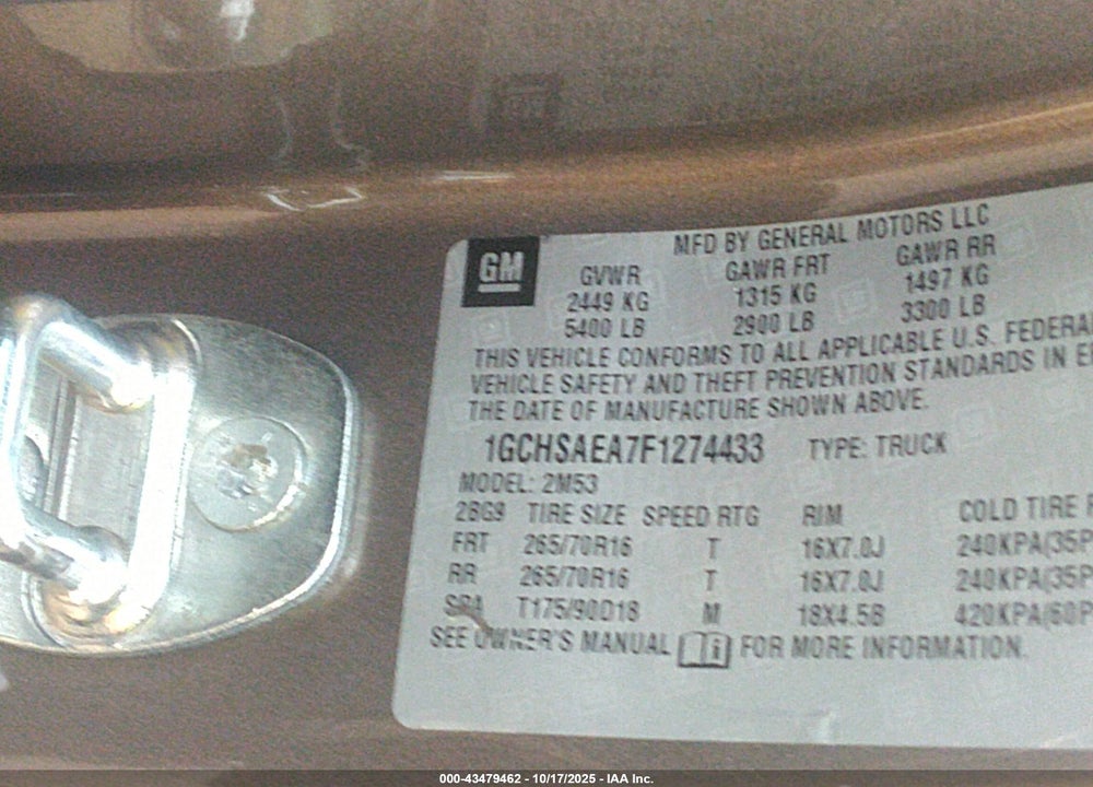 2015 CHEVROLET COLORADO VIN: 1GCHSAEA7F1274433