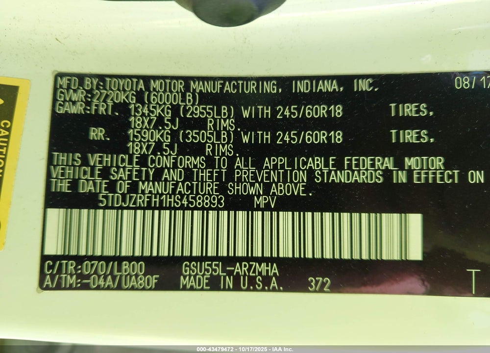 2017 TOYOTA HIGHLANDER VIN: 5TDJZRFH1HS458893
